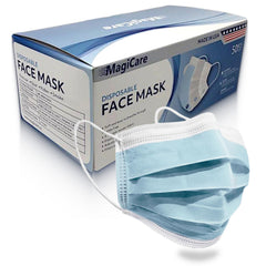 MAGICARE blue face mask box showing 50-count box for convenient daily wear.