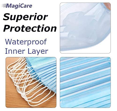 MAGICARE blue face mask close-up texture reveals breathable non-woven material.