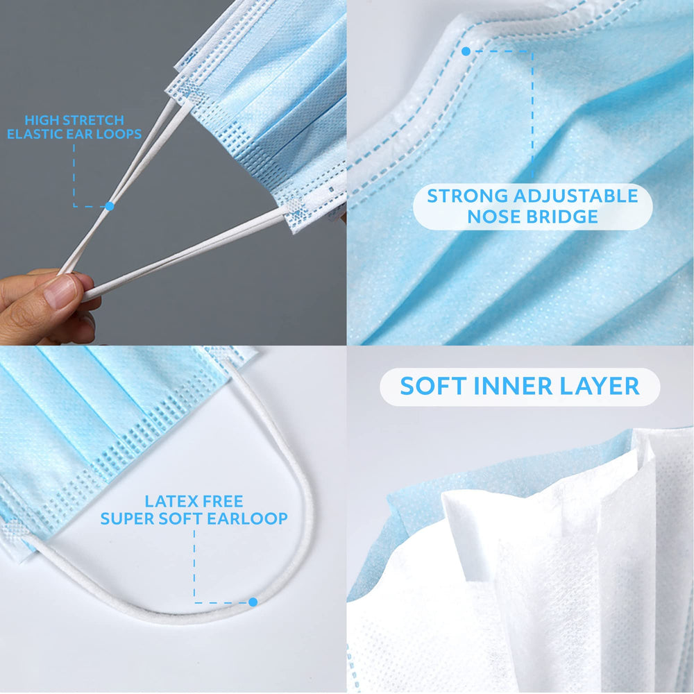 MAGICARE blue face mask earloops close-up shows latex-free, stretchable comfort.