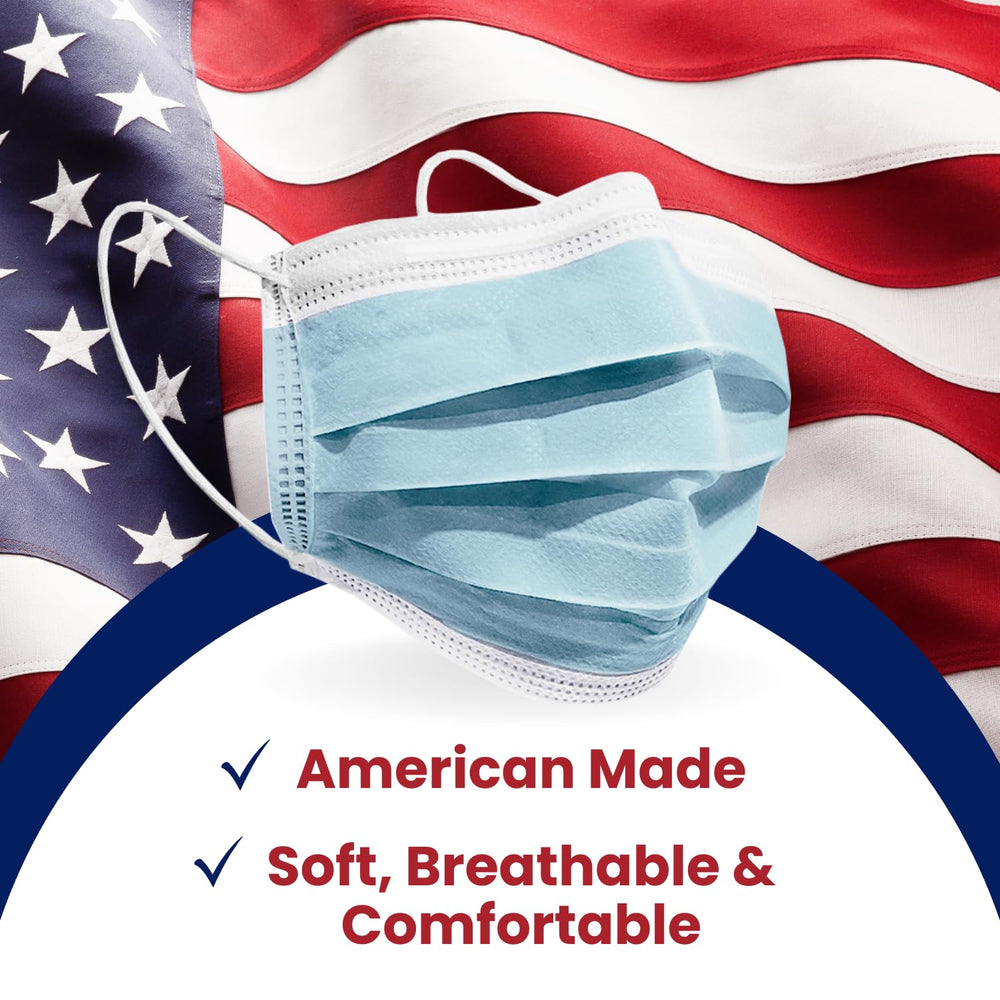 MAGICARE blue face mask packaging highlights cleanroom origin in Ontario, CA.