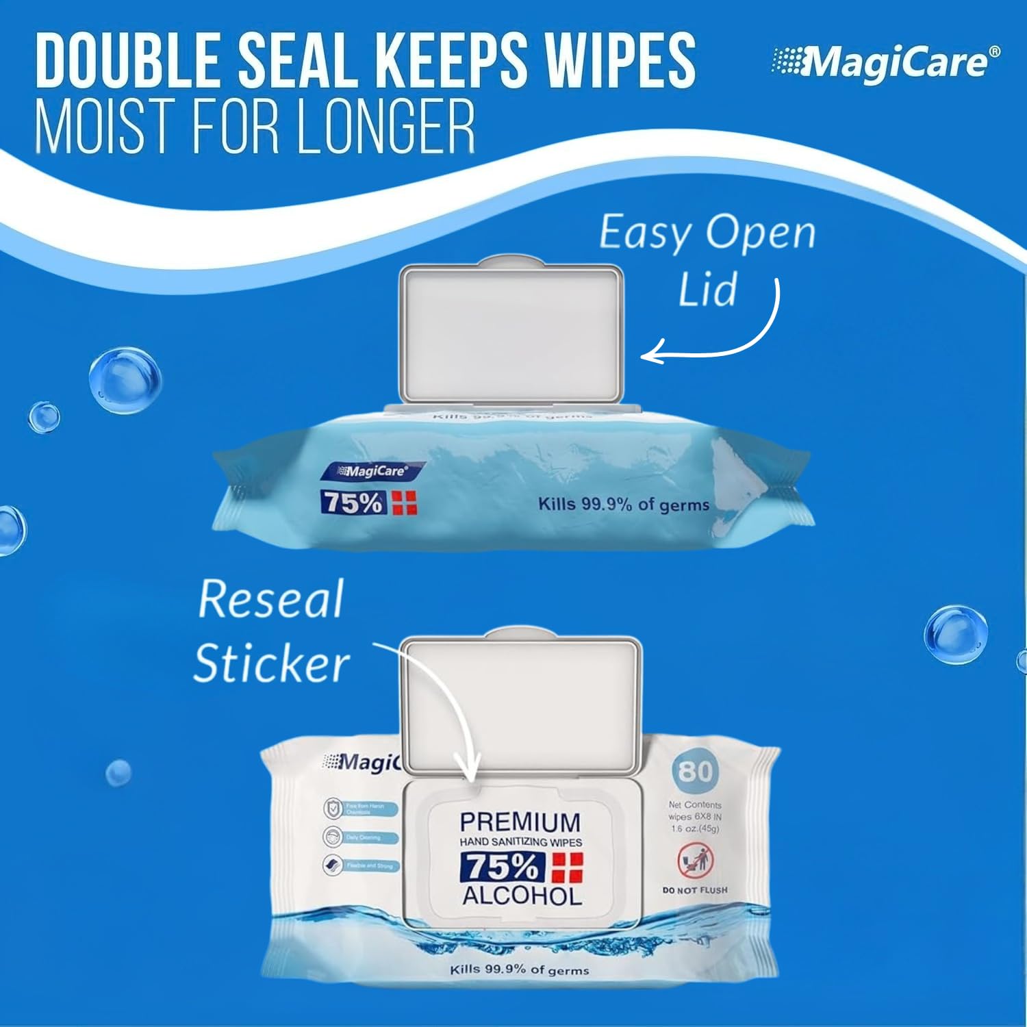 MagiCare fragrance-free wipes suitable for sensitive skin and surface cleaning.