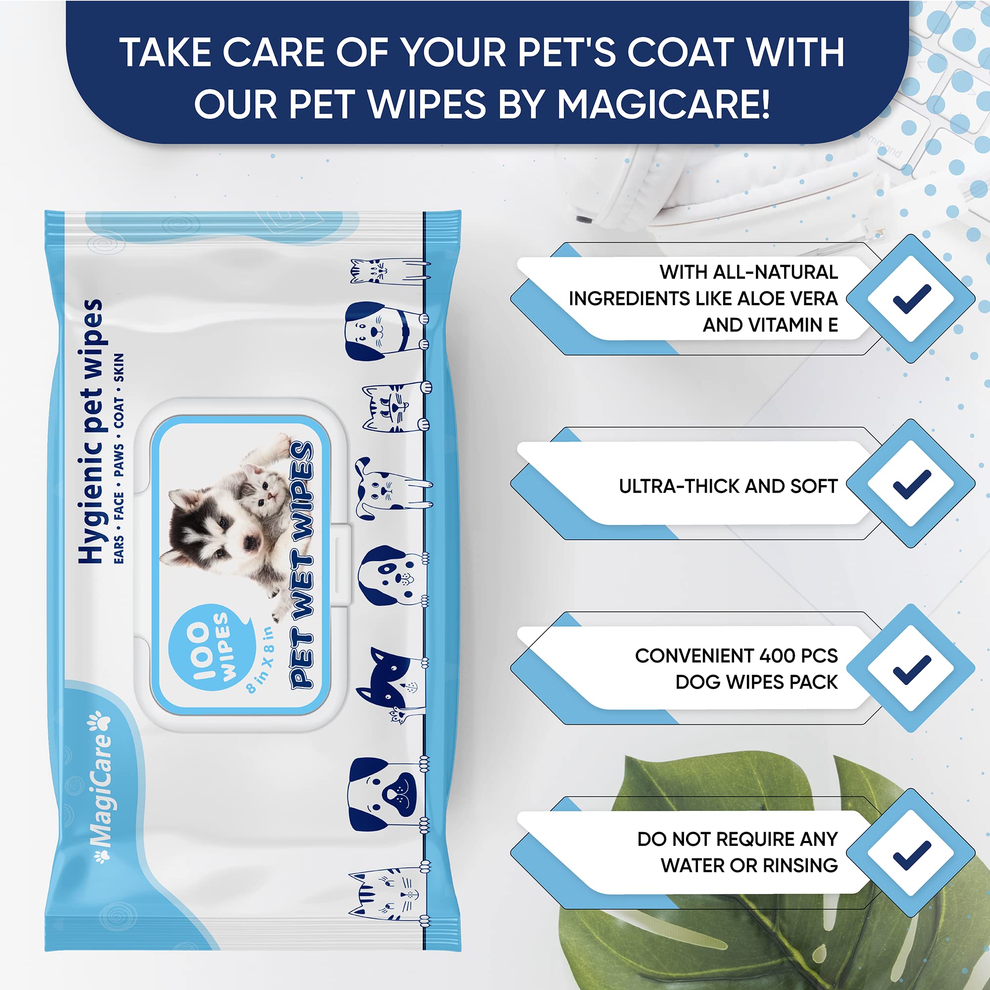MAGICARE wipes clean paws, faces, and ears safely on dogs and cats