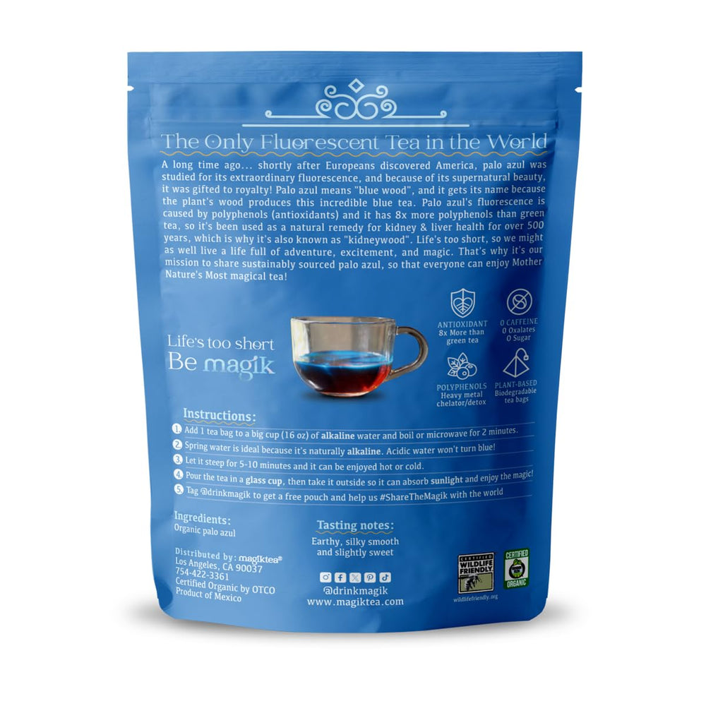 Magiktea Palo Azul package highlights 15 organic plant-based tea bags