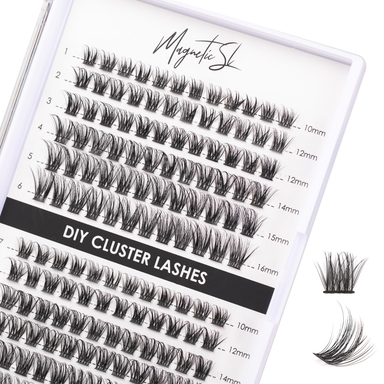 Magnetic SL Lash Clusters 144-pc tray shows natural look for DIY lash application.