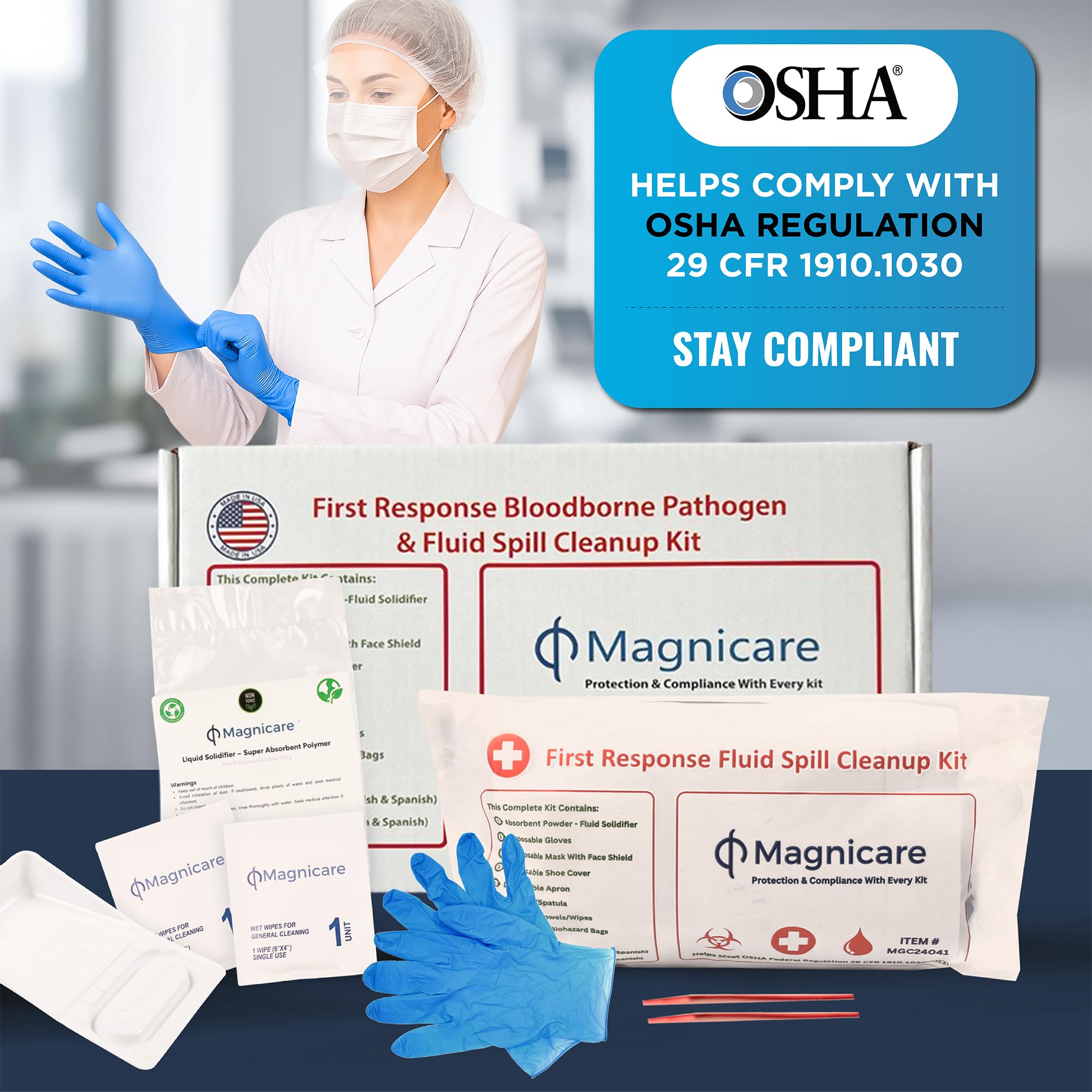 Absorbent powder from Magnicare kit helps contain spills quickly.