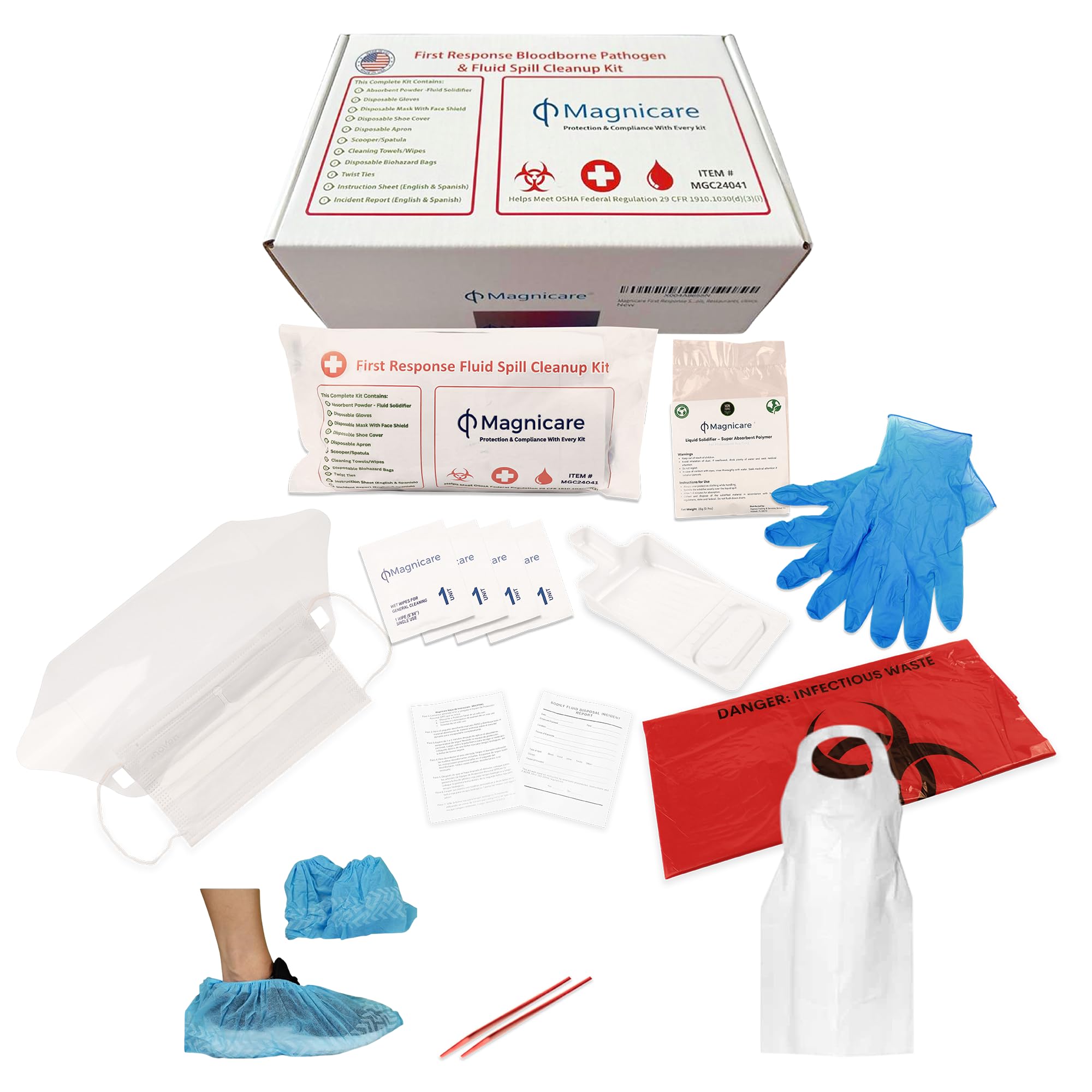 Magnicare Bodily Fluid Cleanup Kit in box format with complete spill-response tools.