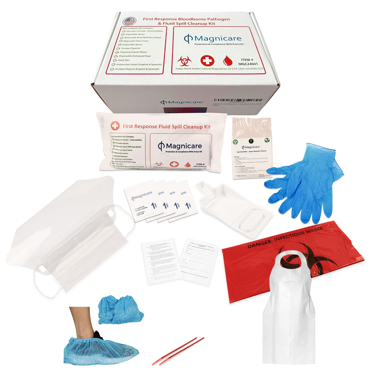 Magnicare Bodily Fluid Cleanup Kit in box format with complete spill-response tools.
