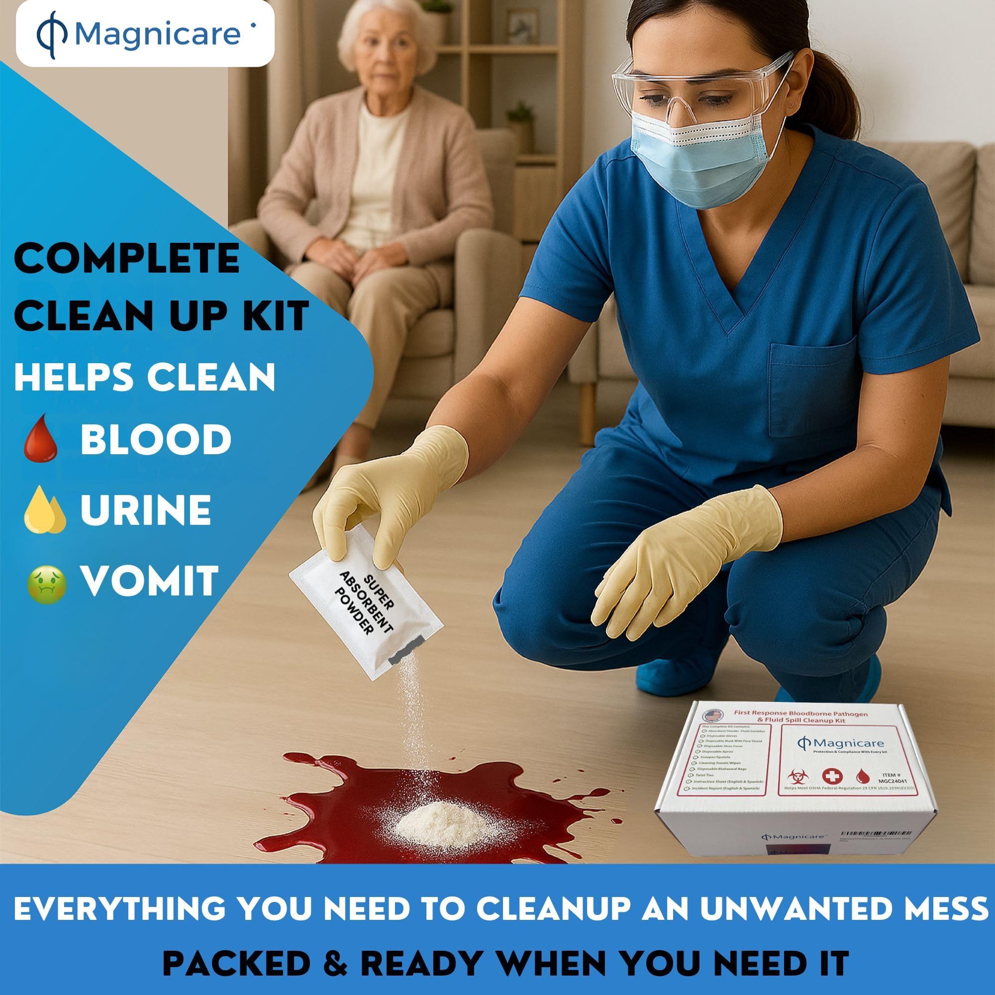 Magnicare cleanup kit includes disposable gloves and PPE for safer cleanup.