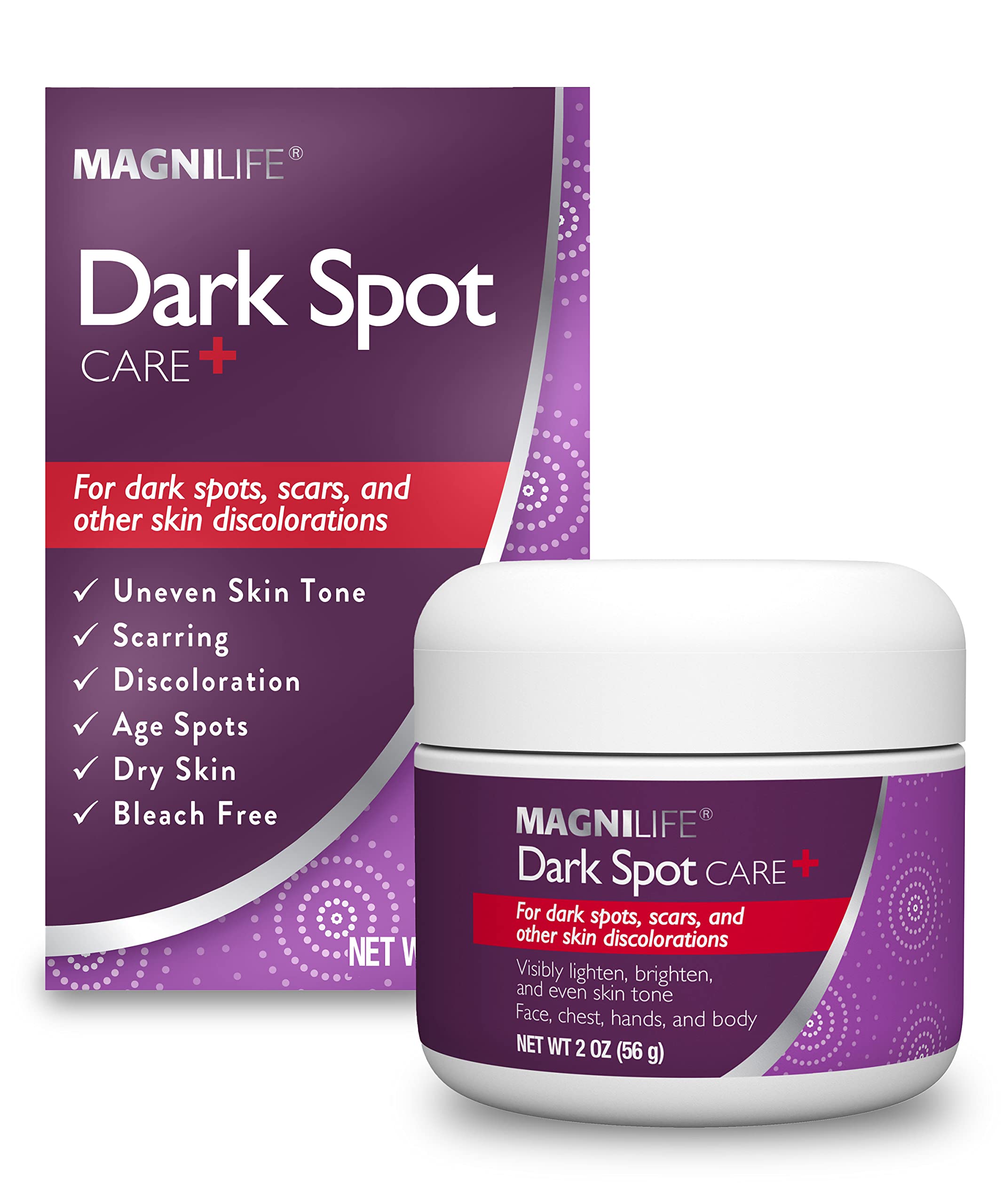 MagniLife Dark Spot Care jar showing smooth texture for even skin tone.