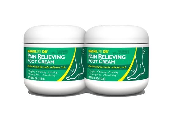 Magnilife DP pain-relief foot cream being applied to the foot demonstrates soothing massage.
