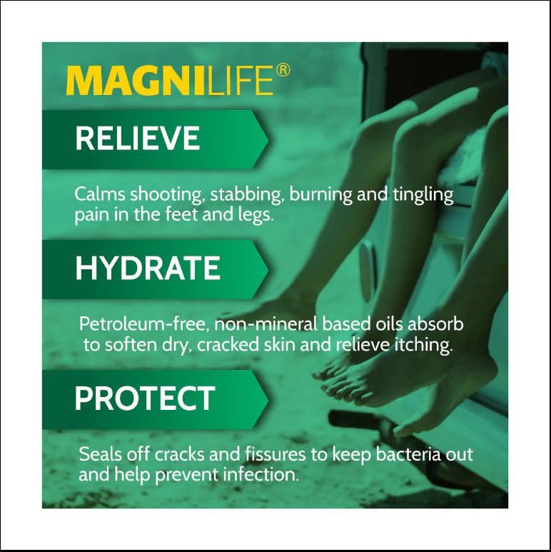 Magnilife DP pain-relief foot cream label emphasizes natural ingredients.