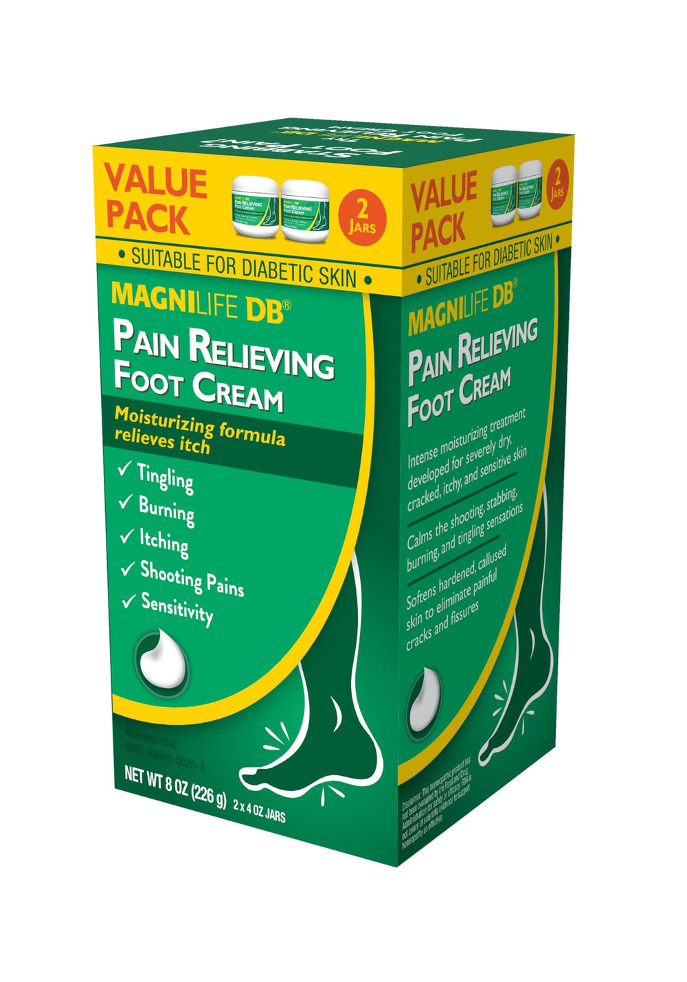 Magnilife DP pain-relief foot cream packaging shows two 4 oz jars.