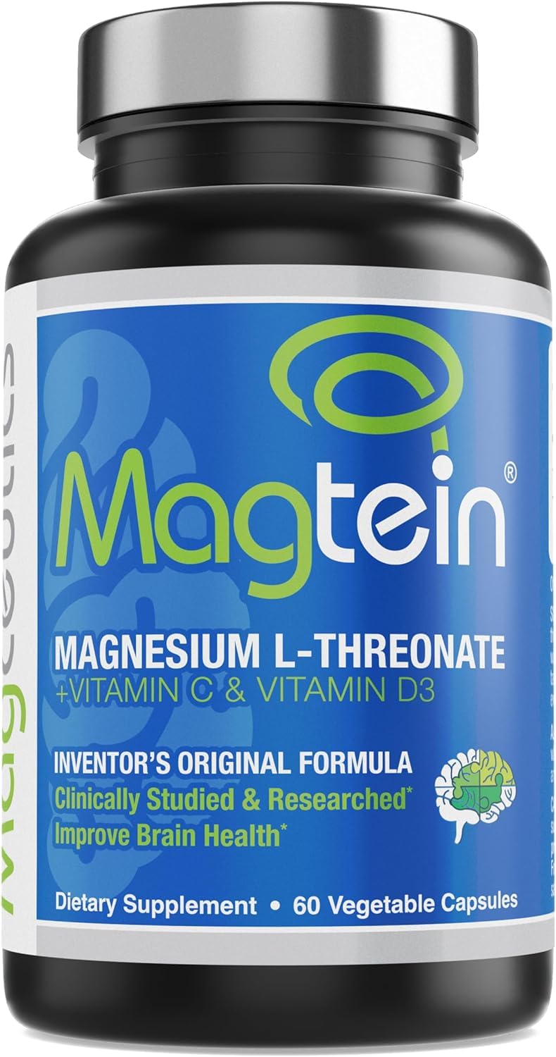 Magtein bottle and label show brain-support formula for adults.