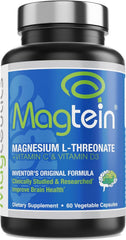 Magtein bottle and label show brain-support formula for adults.