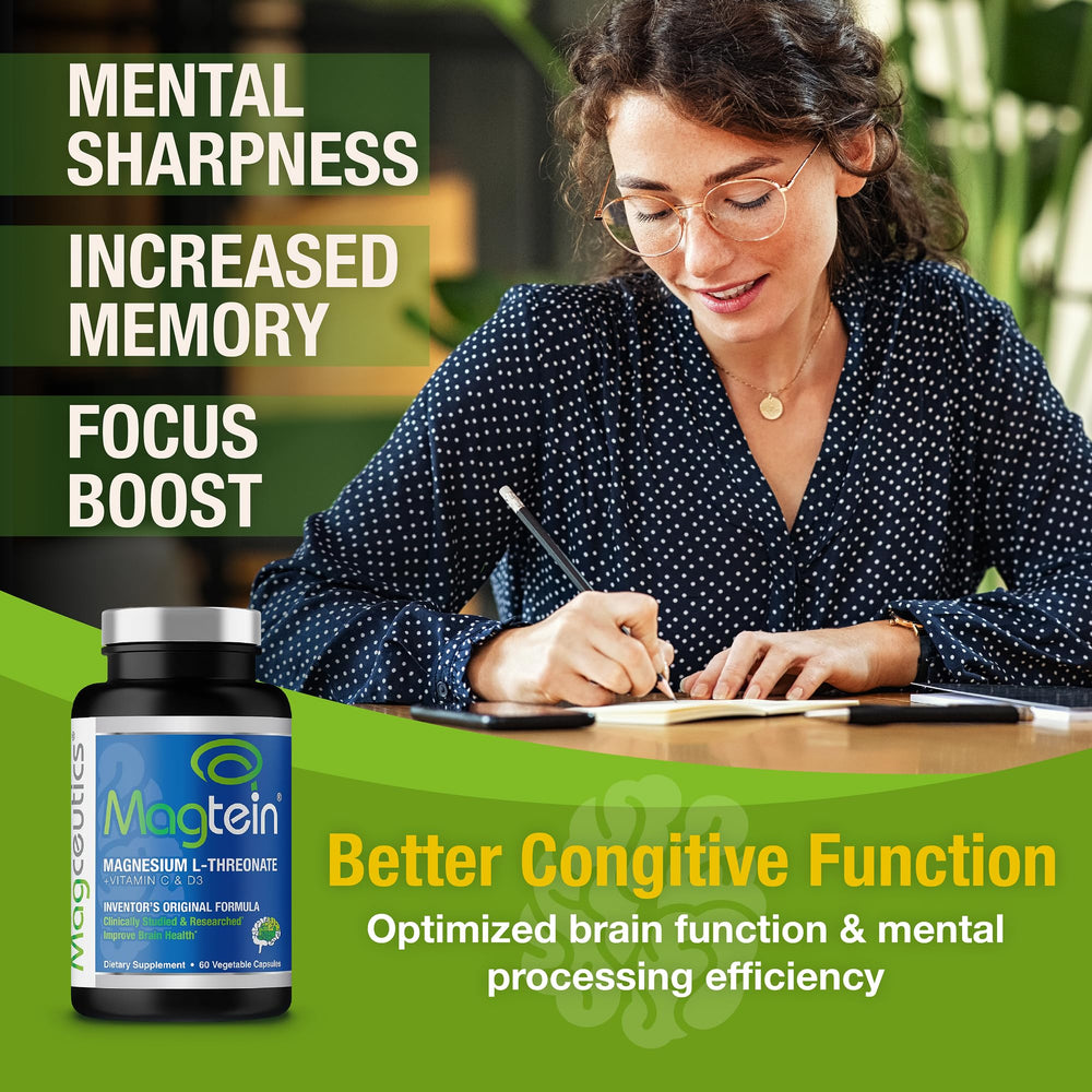 Magtein capsules close-up highlighting easy-to-swallow veggie capsules.