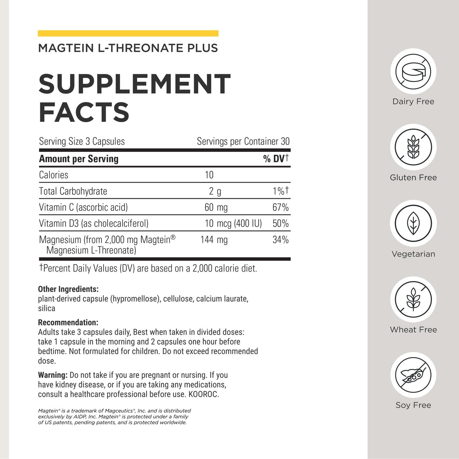Magtein L-Threonate Plus bottle showing vitamin C and D3 inclusion