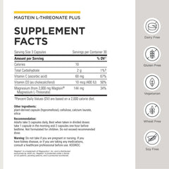 Magtein L-Threonate Plus bottle showing vitamin C and D3 inclusion