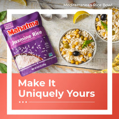 Mahatma Jasmine Rice bowl served, versatile base for protein or veggies.