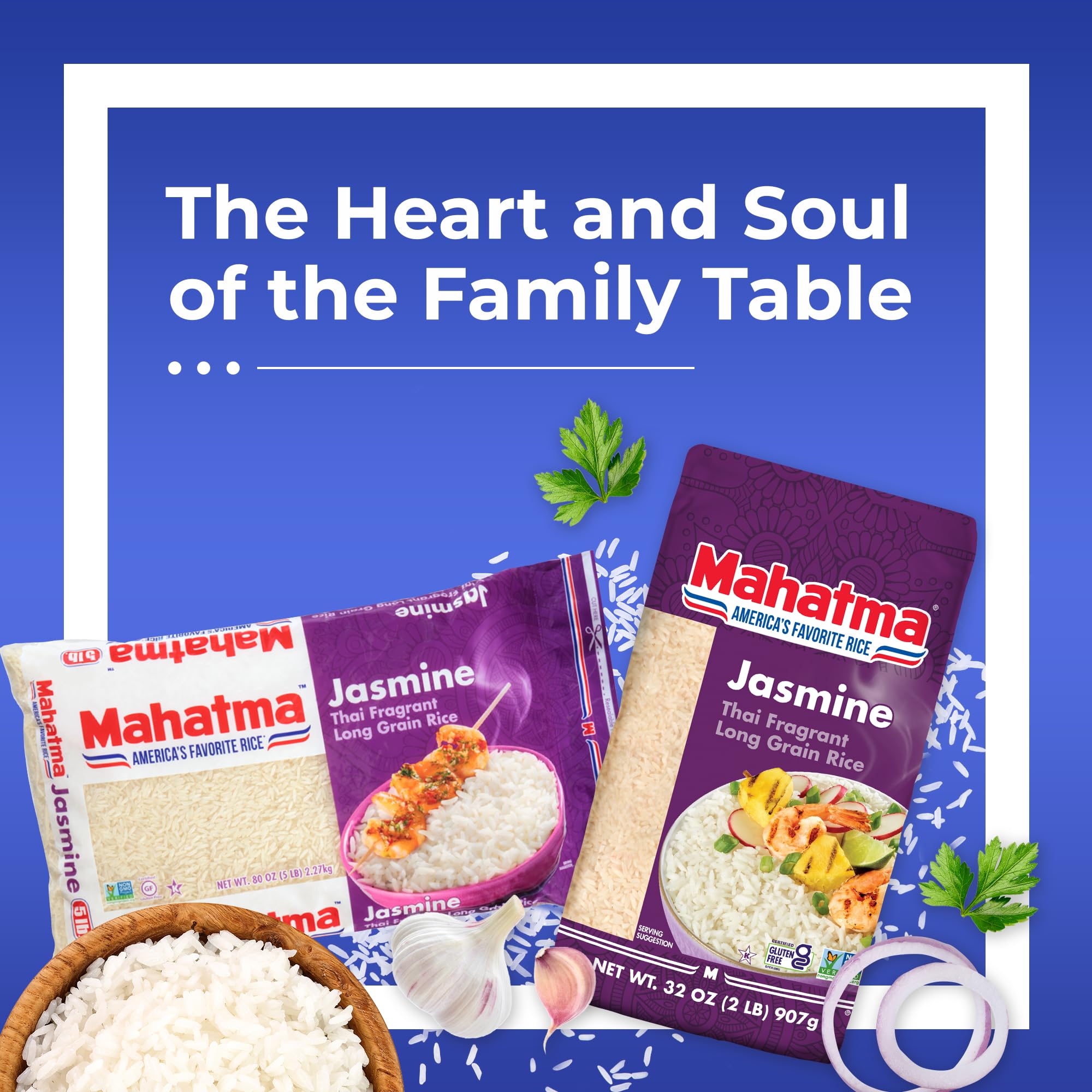 Family dinner featuring Mahatma Jasmine rice and a colorful spread.