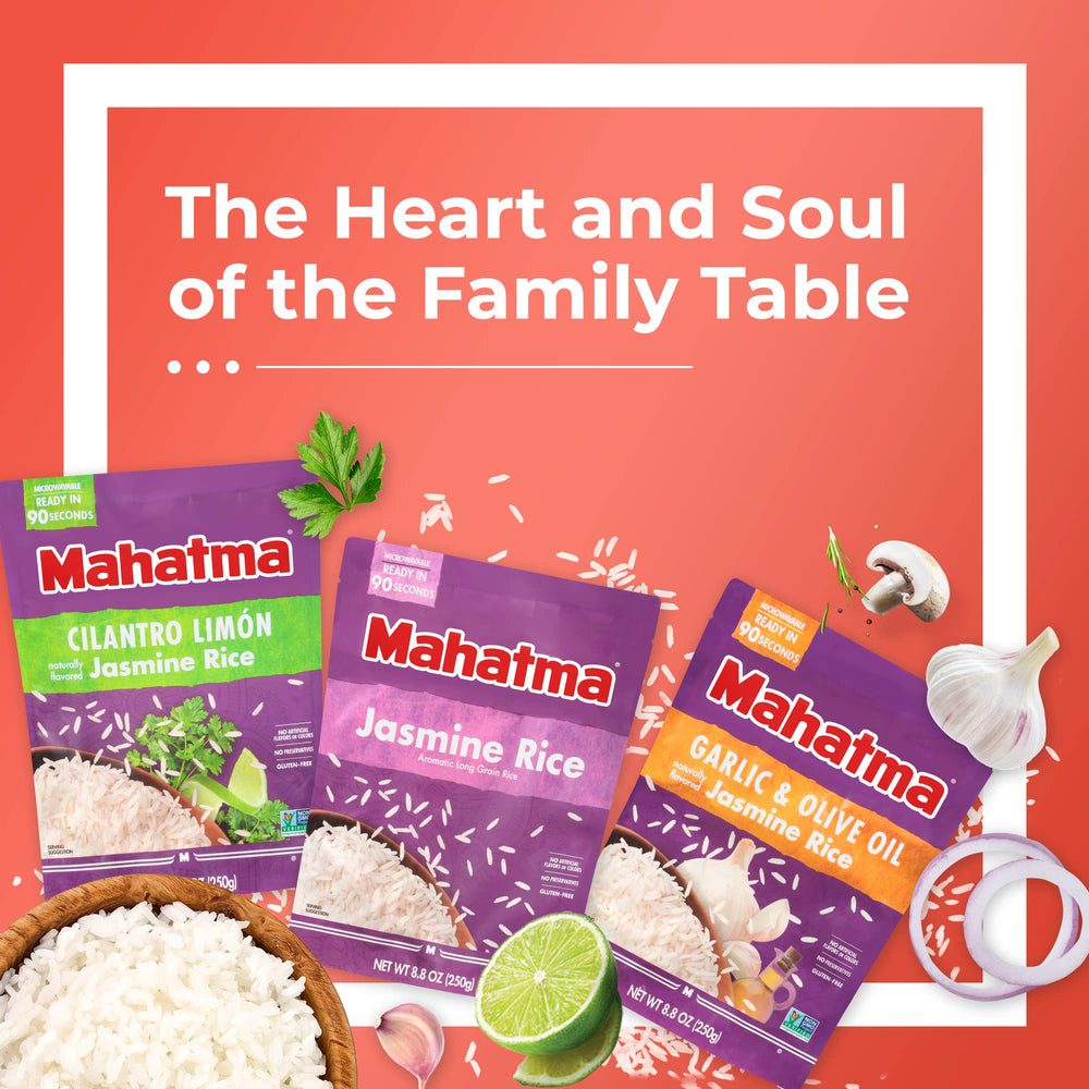 Mahatma Jasmine Rice family dinner scene, comforting and shareable.
