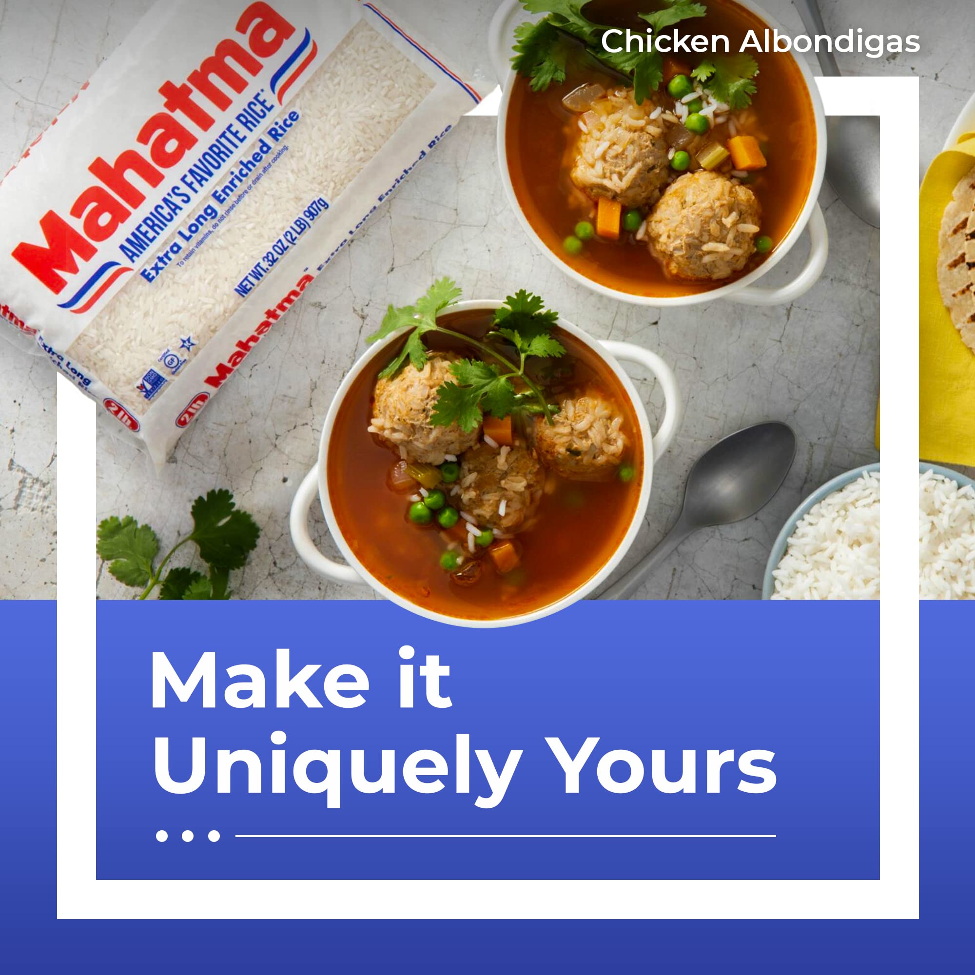 Mahatma rice packaging highlights gluten-free and Non-GMO certifications.