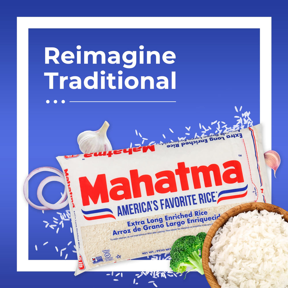 Close-up of white grains from Mahatma Extra-Long-Grain Rice.