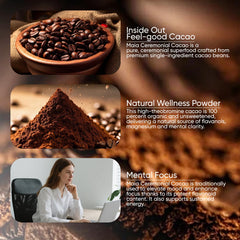 MAÏA cacao powder in latte cup for steady energy.