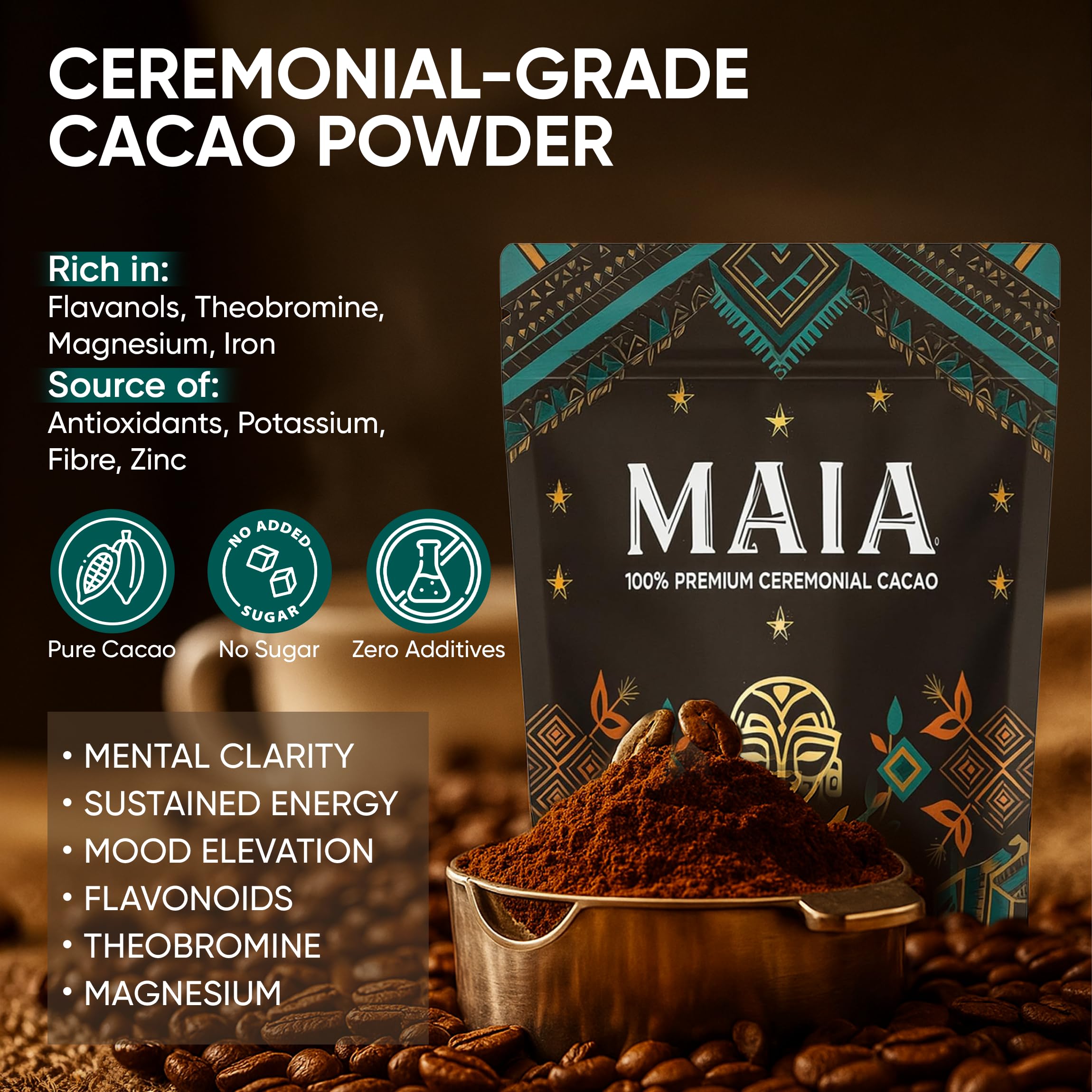 MAÏA cacao powder in smoothie bowl showing texture and color.