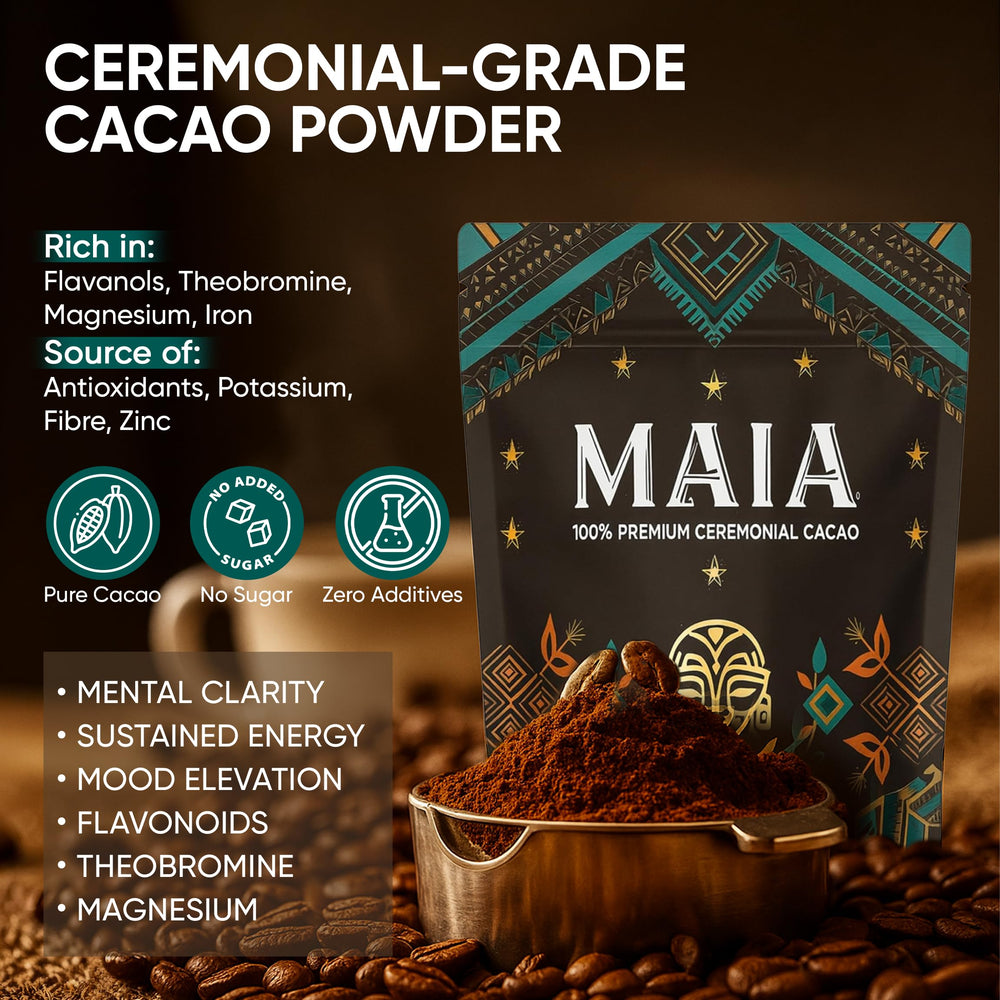 MAÏA cacao powder in smoothie bowl showing texture and color.