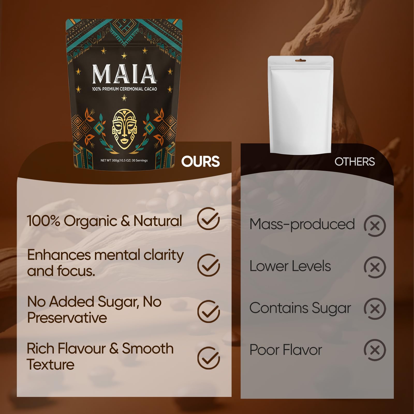 Maia Ceremonial Cacao bottle label highlights nattokinase and flavonoids