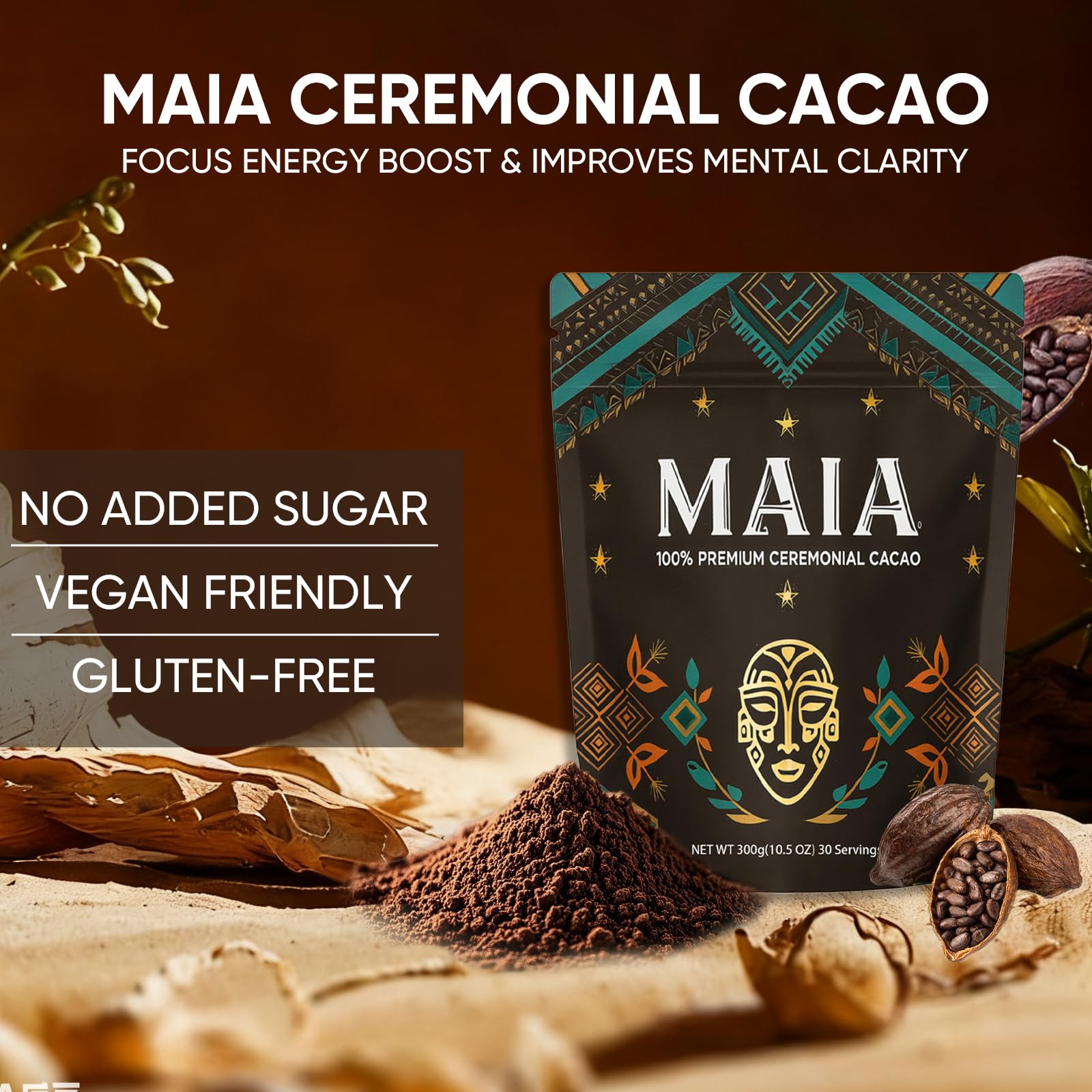 Maia Ceremonial Cacao jar on ritual table showcases premium cacao for mindful energy