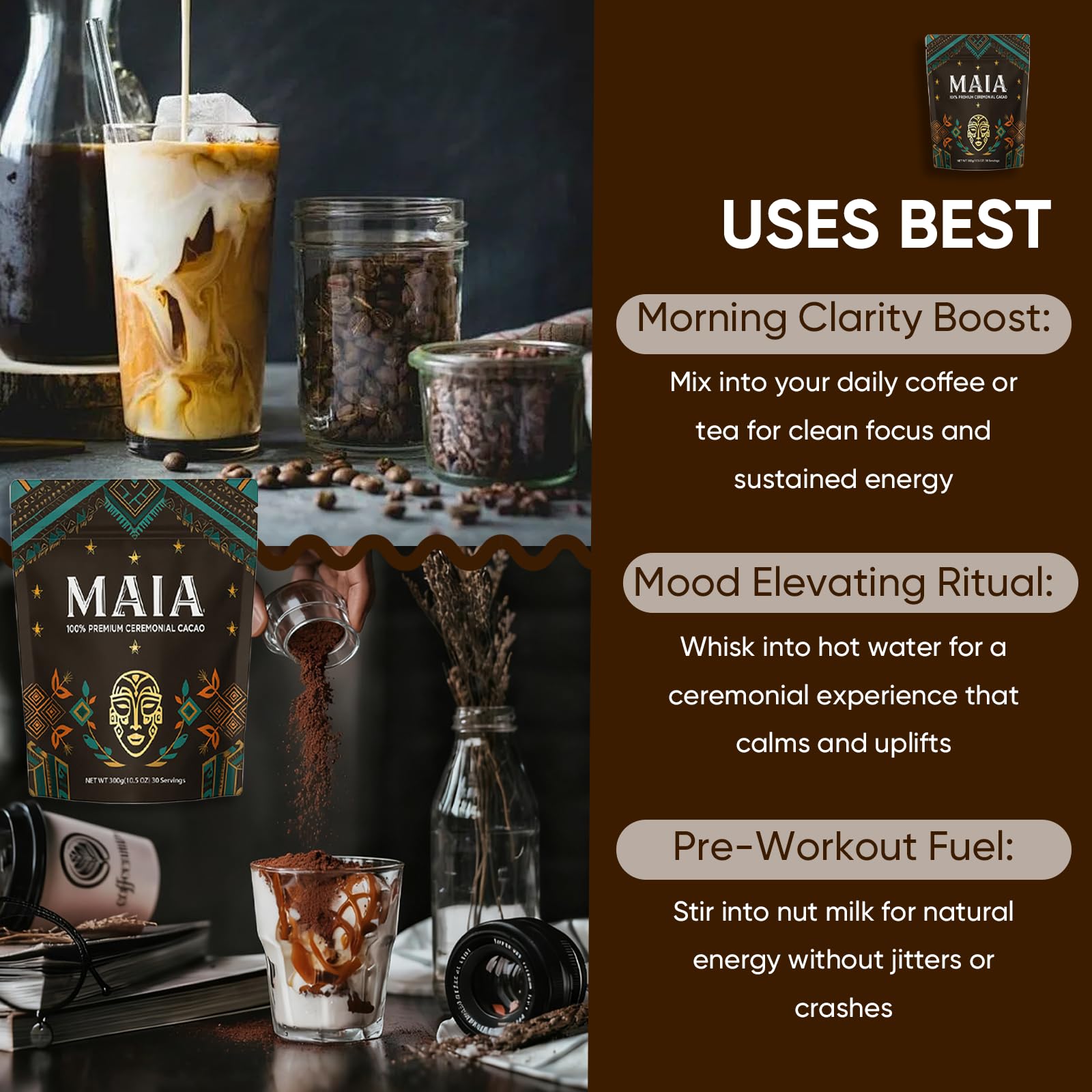 Maia Ceremonial Cacao pouring into cup for a calming morning ritual