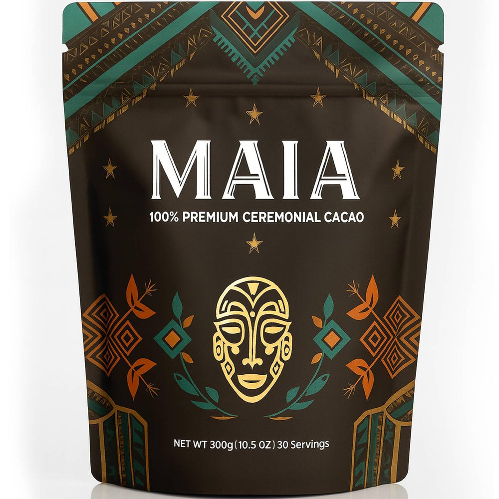 MAÏA ceremonial cacao powder pack for mood balance rituals.