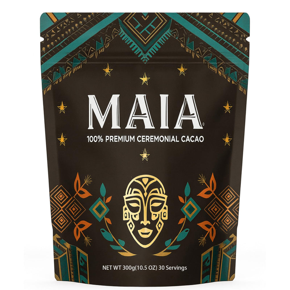 Maia Ceremonial Cacao powder package highlights organic cacao and zero sugar for clean ritual use