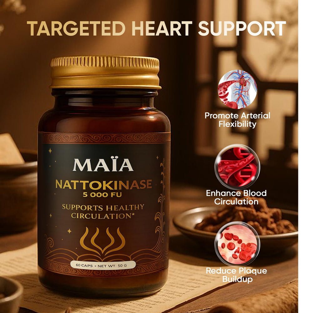 Maia Nattokinase capsules close-up, easy daily intake for circulation support
