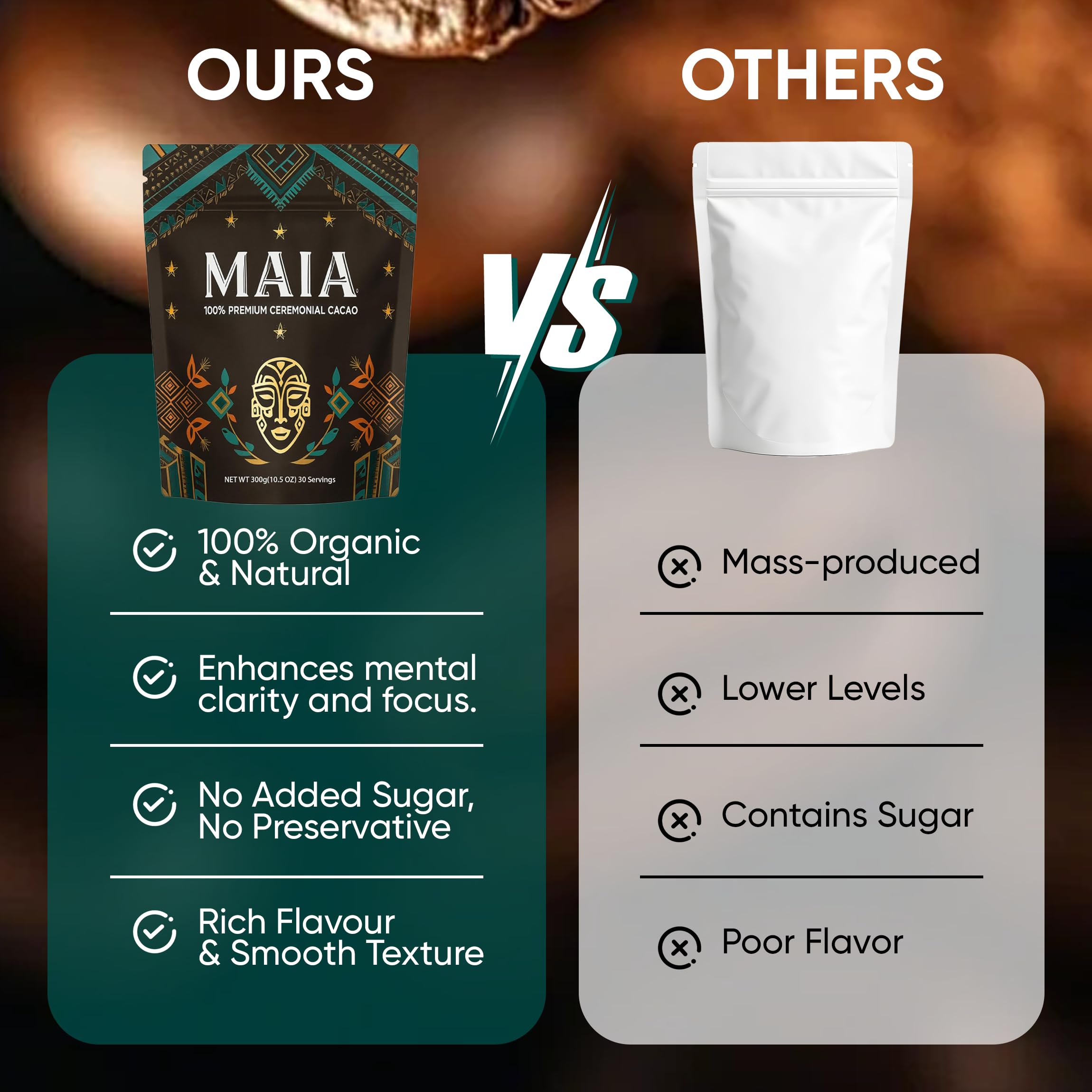 MAÏA zero-sugar cacao powder jar ready for daily use.