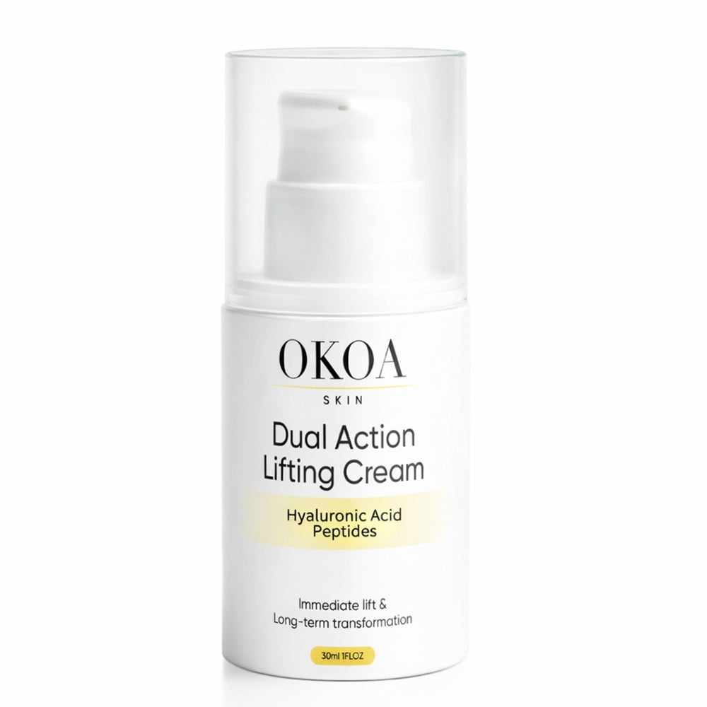 Maidlure OKOA Skin dual action lifting cream bottle close-up showing firming formula