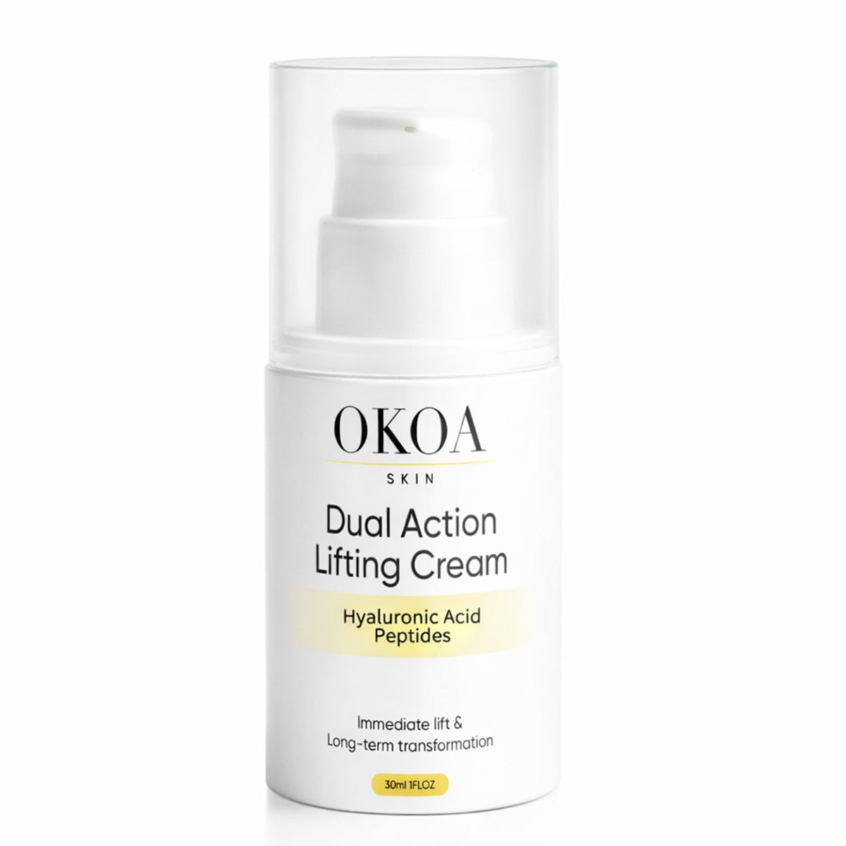 Maidlure OKOA Skin dual action lifting cream bottle close-up showing firming formula