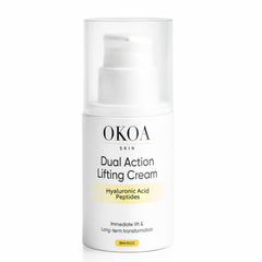 Maidlure OKOA Skin dual action lifting cream bottle close-up showing firming formula