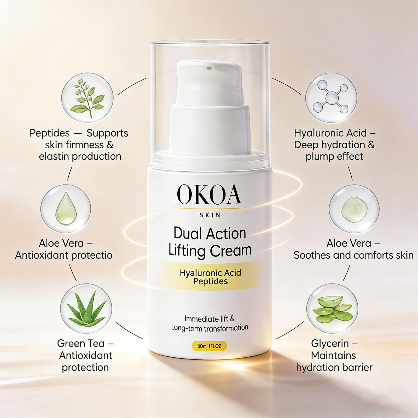 Maidlure OKOA Skin jar highlighting peptides and hyaluronic acid