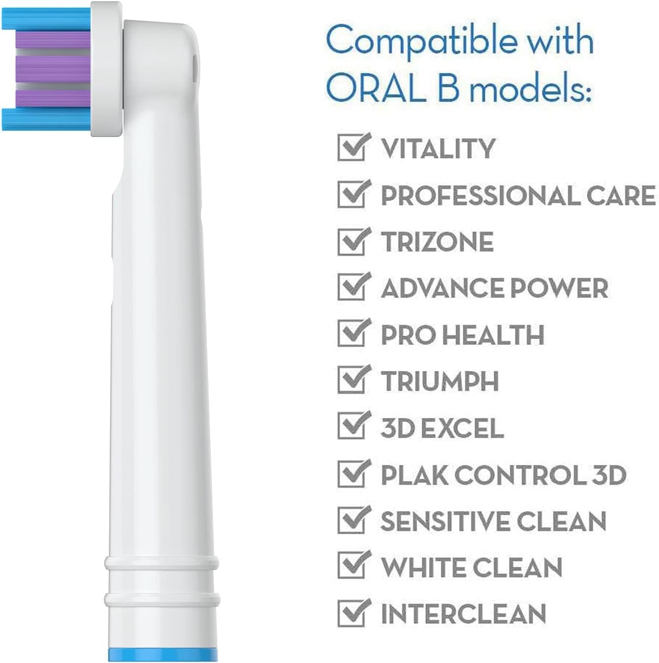 Easy snap-on design shown on an Oral-B handle for quick replacement.