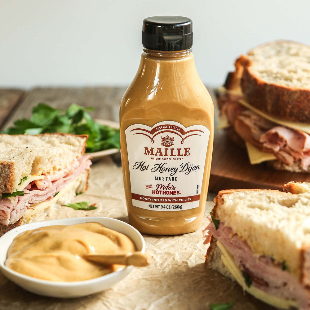 Maille x Mike’s Hot Honey Dijon glaze on grilled barbecue meats