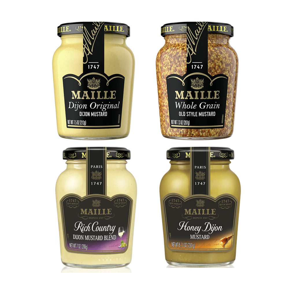 Maille Mustard Originale bottle pouring shows a creamy texture ideal for dressings and sauces.