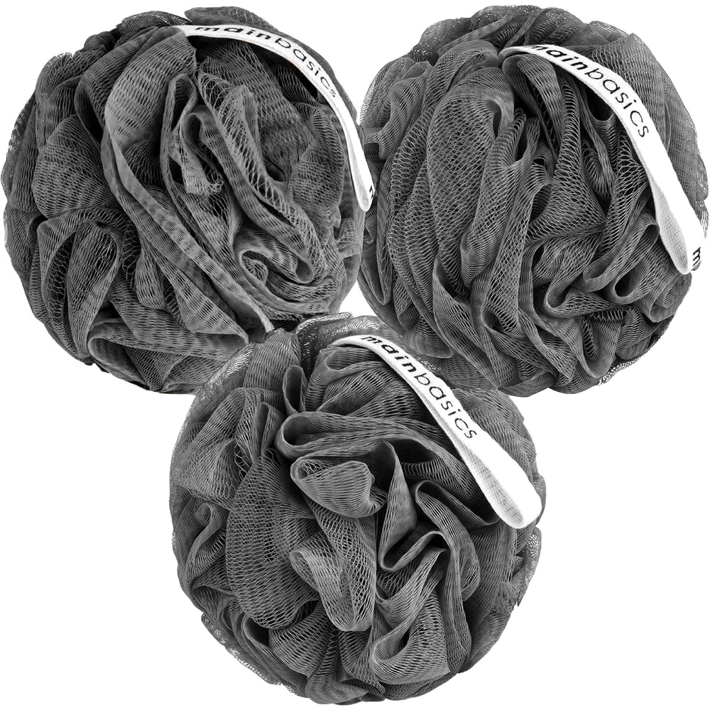 MainBasics charcoal-infused loofah set of three for gentle exfoliation and cleansing.