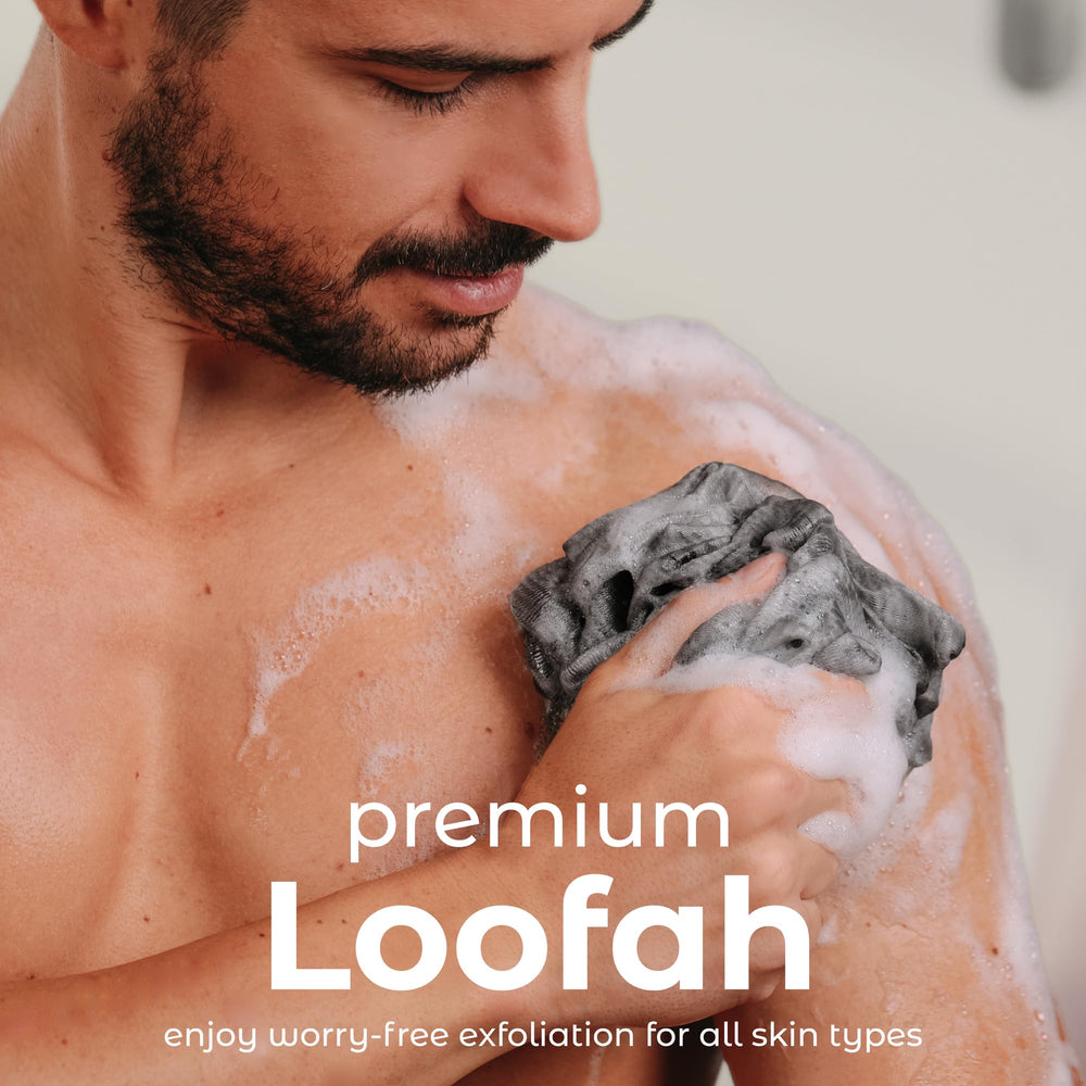 Close-up of premium mesh texture on the loofah for a soft scrub.