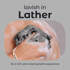 Lather demonstration with body wash showing rich foam and easy rinsing.