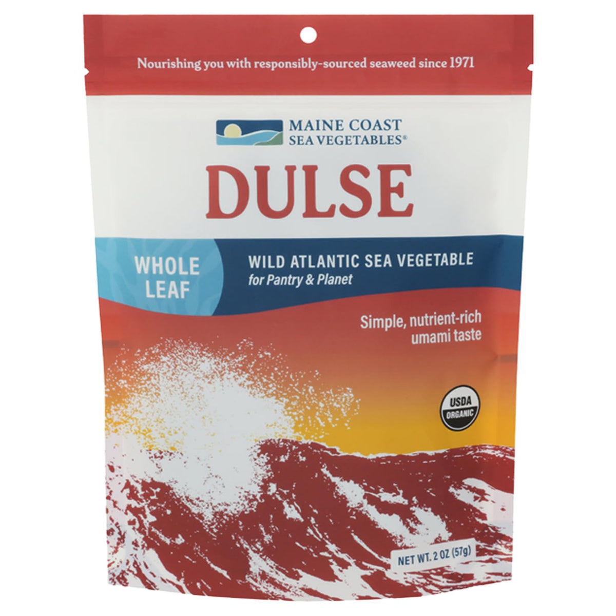 Maine Coast Sea Vegetables dulse whole leaf bag front view, convenient pantry staple.