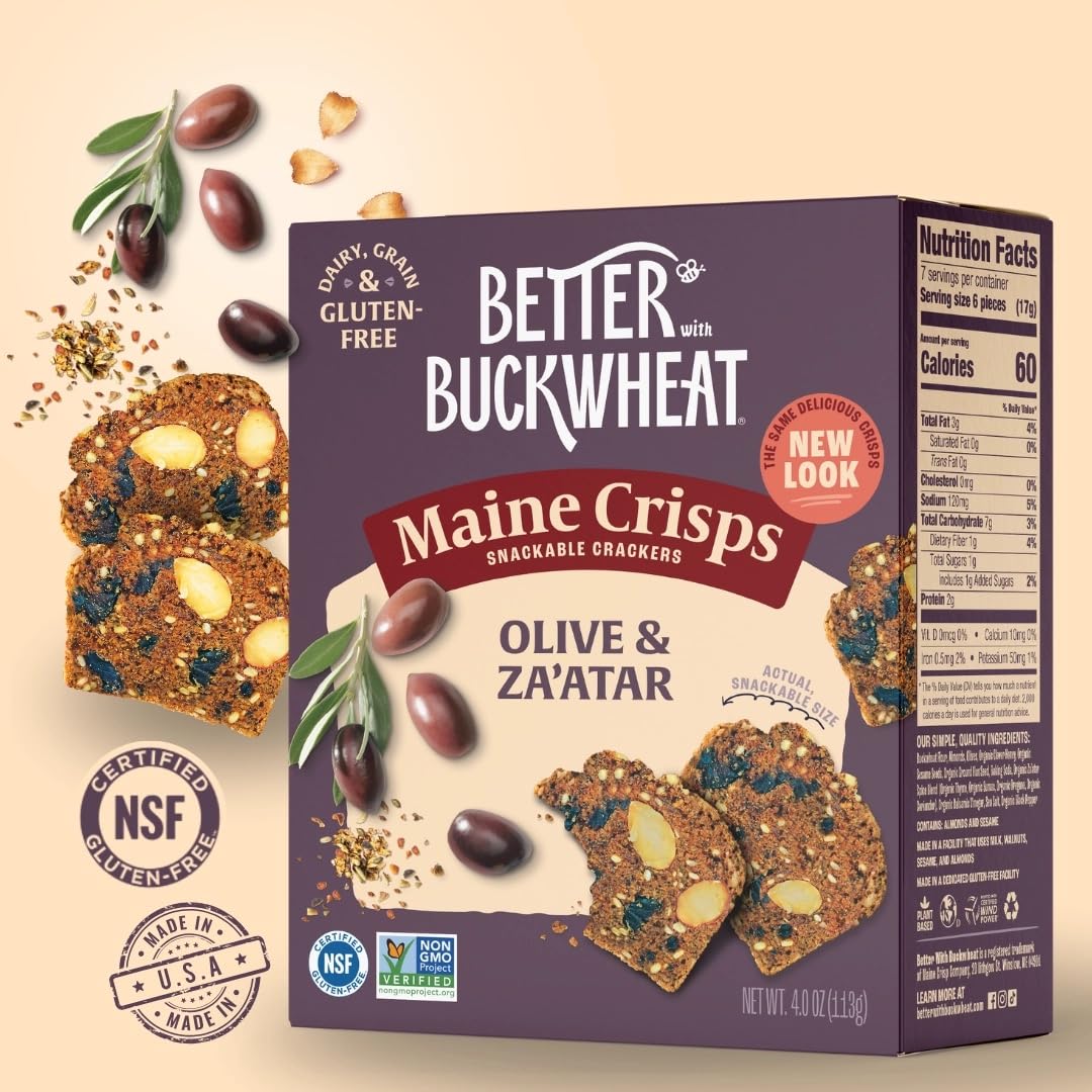 Whipped feta topped with Maine Crisp olives crisps for a Mediterranean bite.