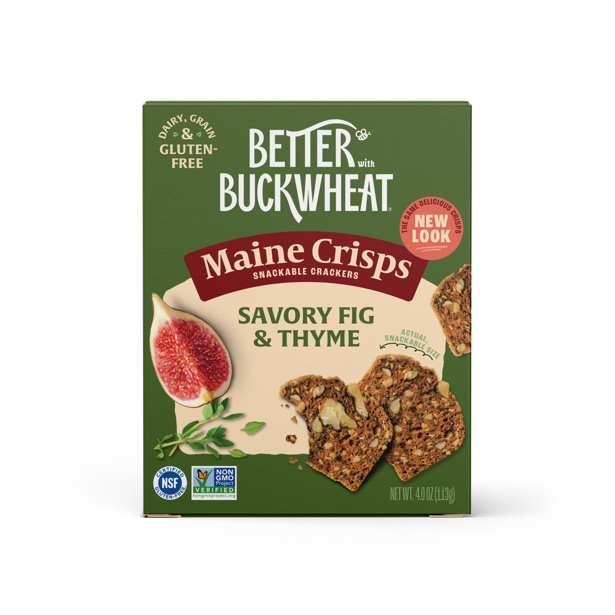 Maine Crisp Savory Fig & Thyme crisps in packaging, gluten-free vegan snack.