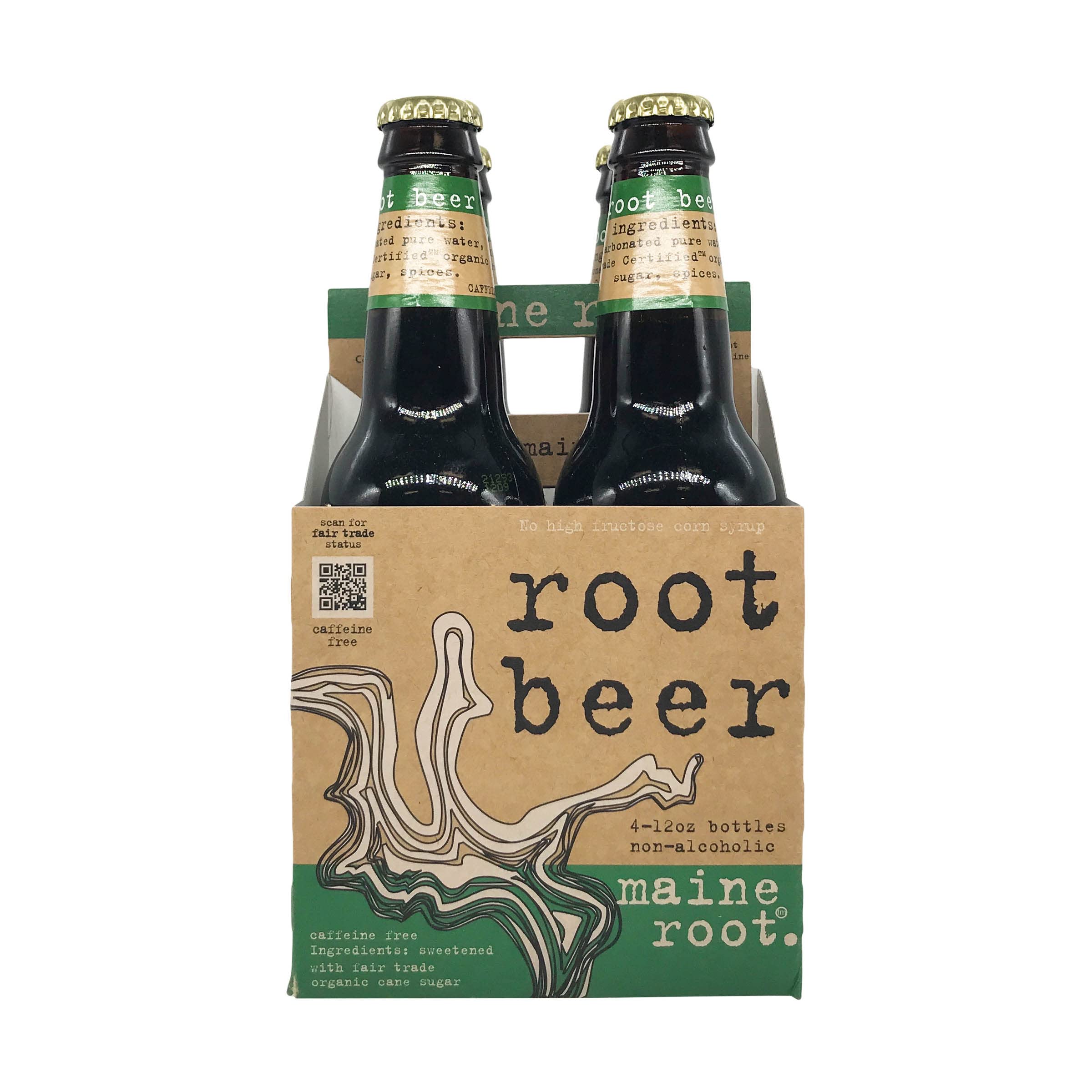 Maine Root Beer 4-pack on kitchen counter for family gatherings.